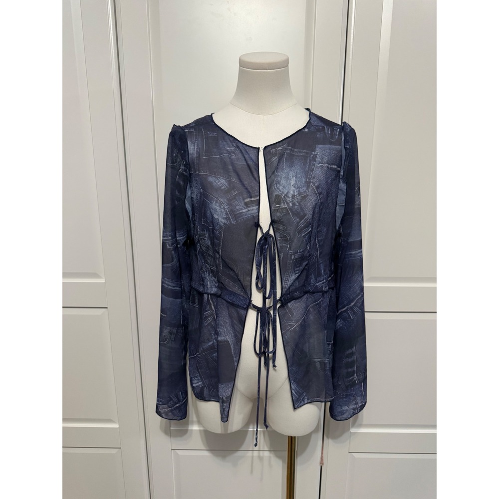Frankies Bikinis Molly Long Sleeve Shirt in Blue Jean Print Mesh Tie Front Top S - Picture 4 of 9